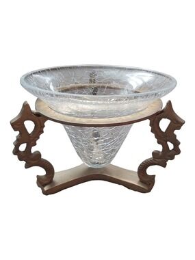 Vintage Conical Crackle Glass Bowl with Ornate Brass Dragon Stand - Mid Century